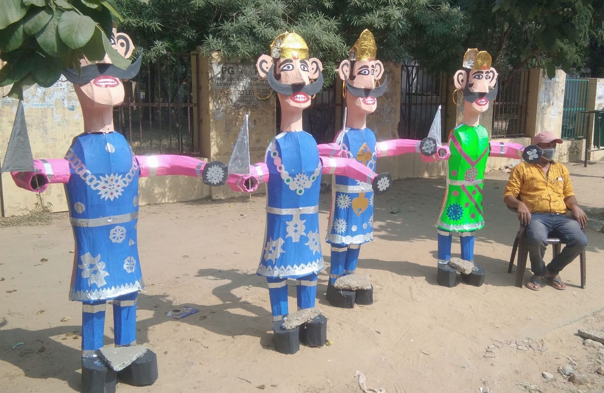 Effigies of Ravana's clan decorated in the market
