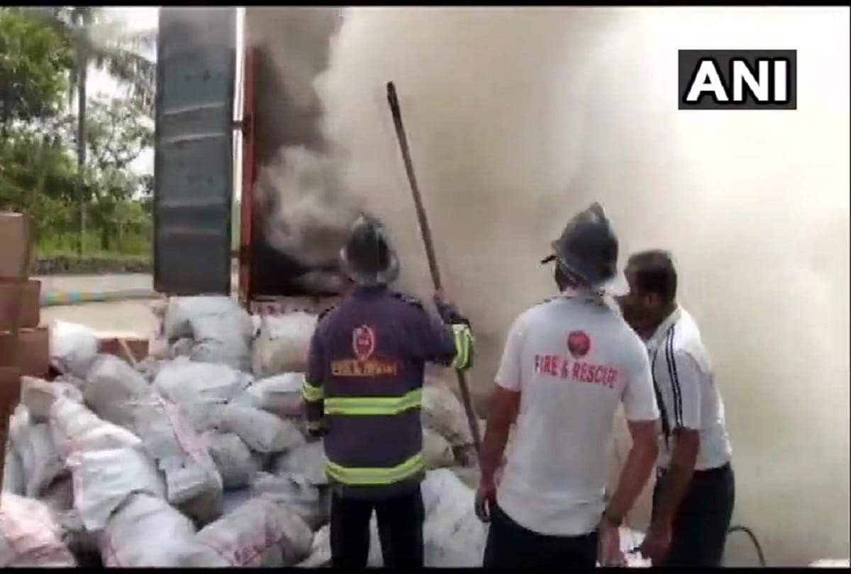 Fire breaks out in a container carrying plastic PVC fitting material near Mumbra Bypass No casualty or injury reported