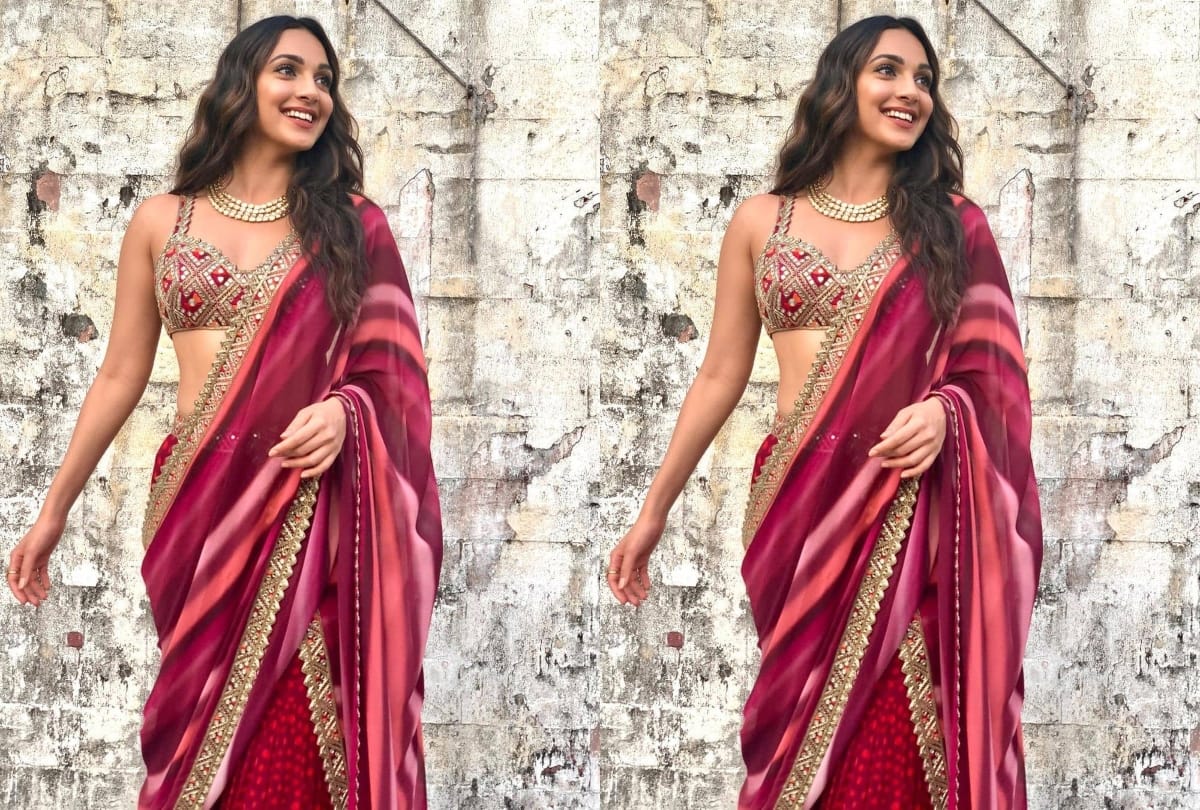 kiara advani promote laxmi bomb movie in berry red gharara set with bralette design blouse