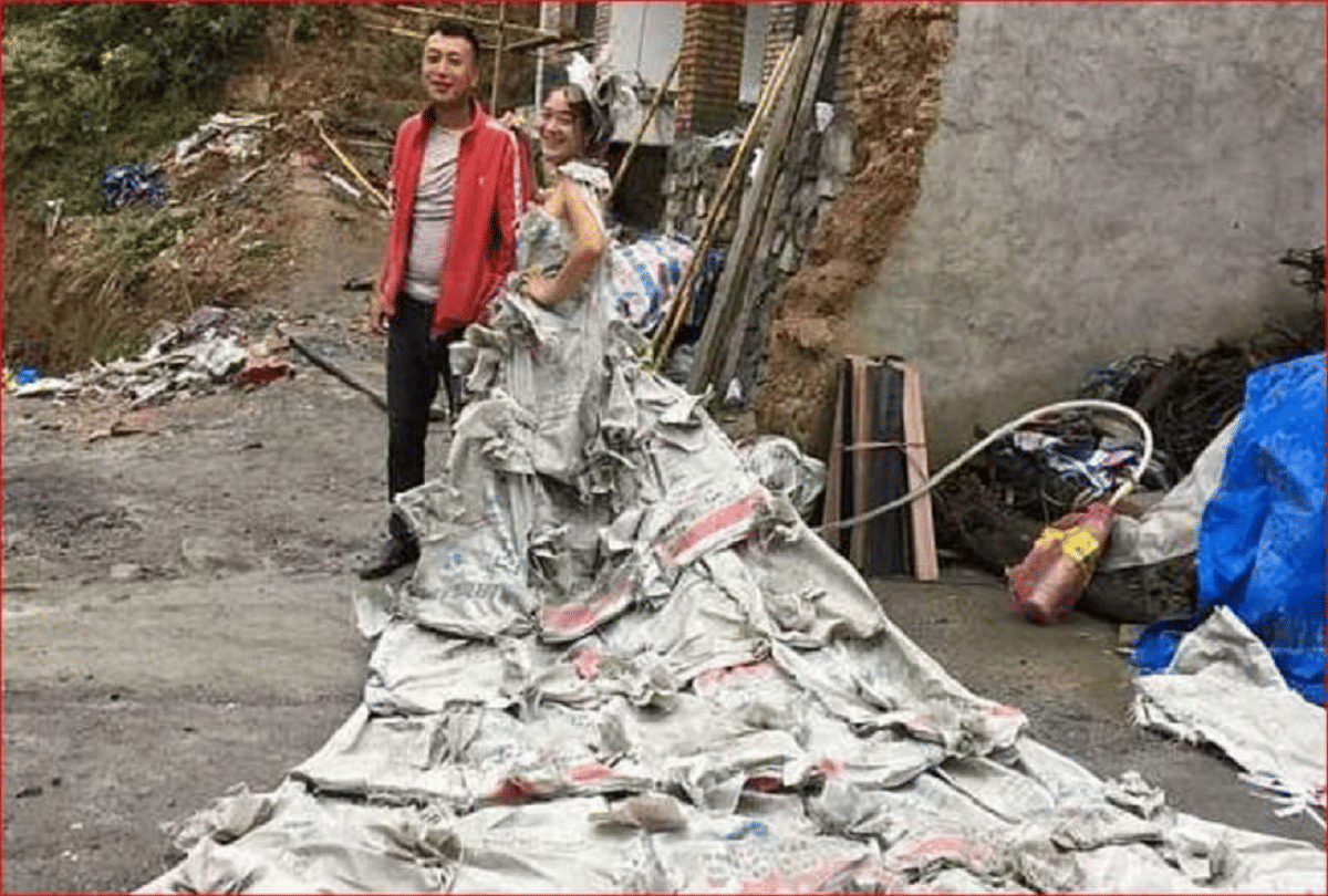 most weird wedding dress made by 40 empty cement bags