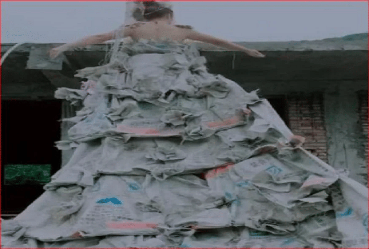 most weird wedding dress made by 40 empty cement bags