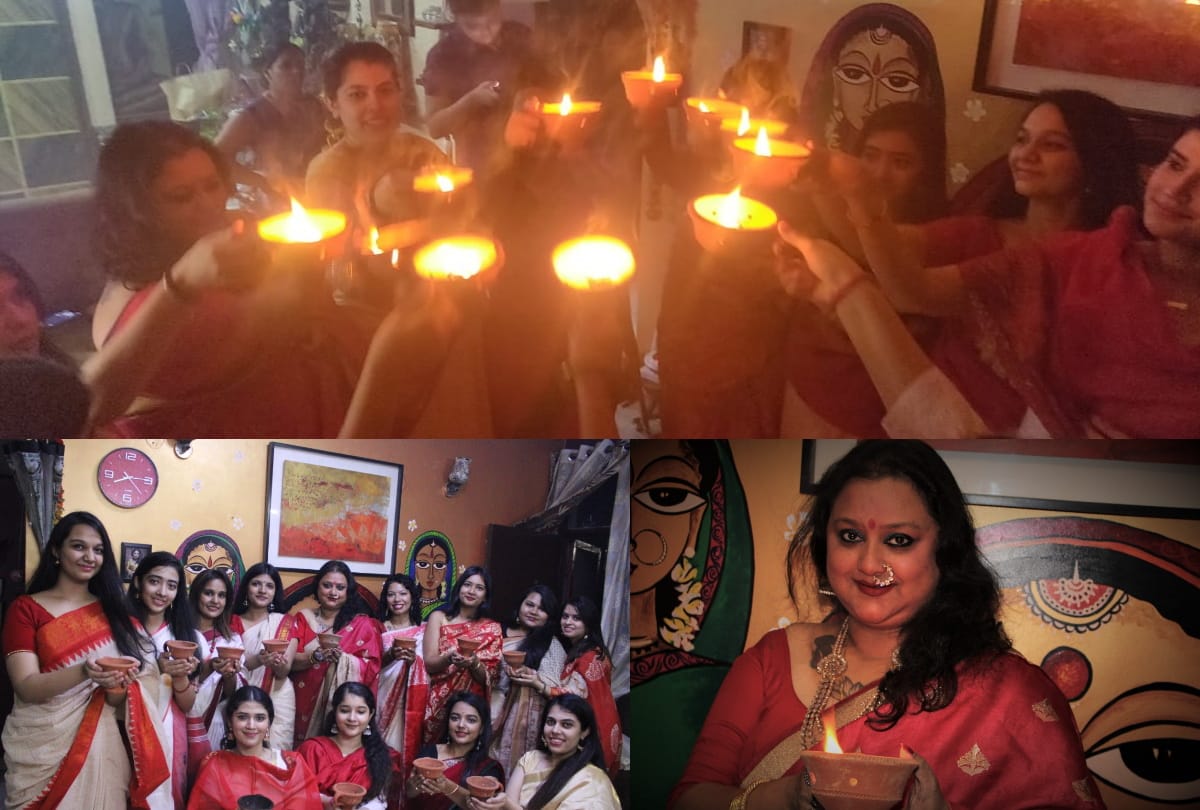 dussehra 2020 women celebrating dhunuchi dance in home instead durga puja pandal navratri