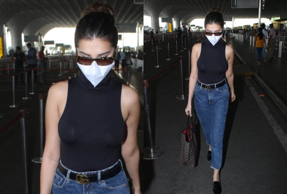 kriti sanon spotted in white fishnet short with blue boots and tara sutaria black halter neck top