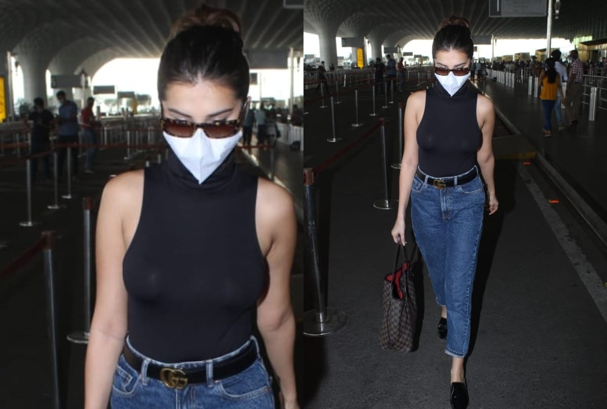 kriti sanon spotted in white fishnet short with blue boots and tara sutaria black halter neck top