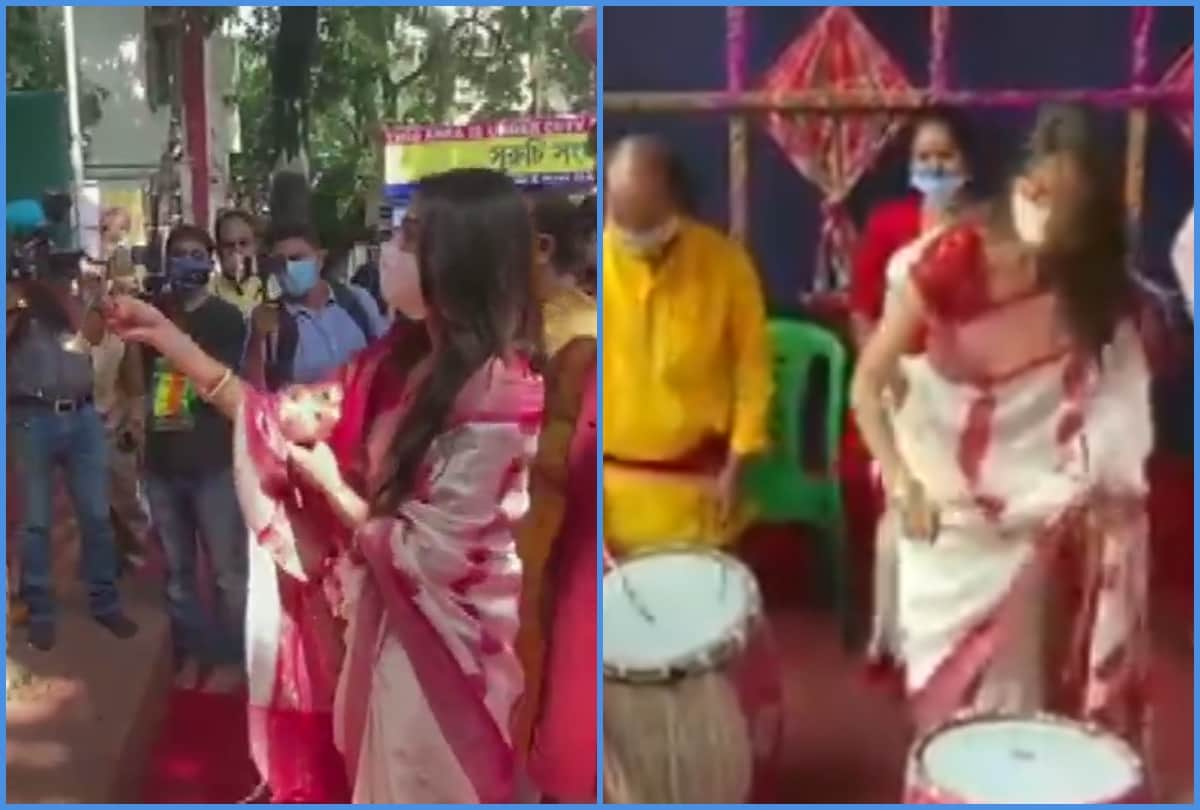 nusrat jahan on durga ashtami dhaak dance and worshiped
