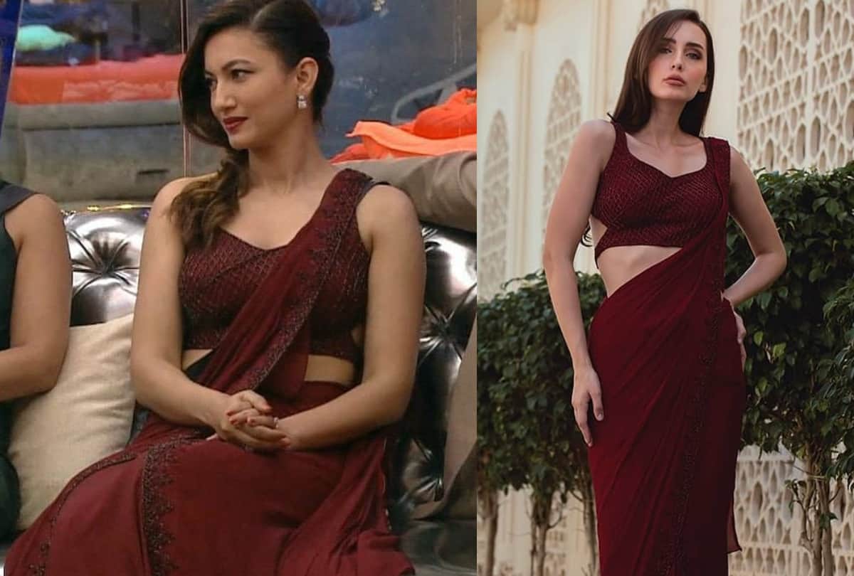 bigg boss 14 gauhar khan wear wine colour marsala saree