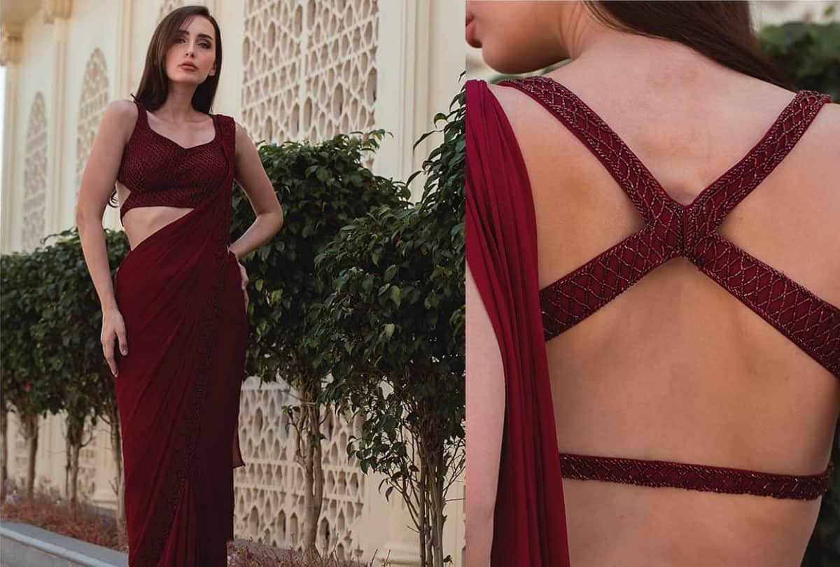 bigg boss 14 gauhar khan wear wine colour marsala saree