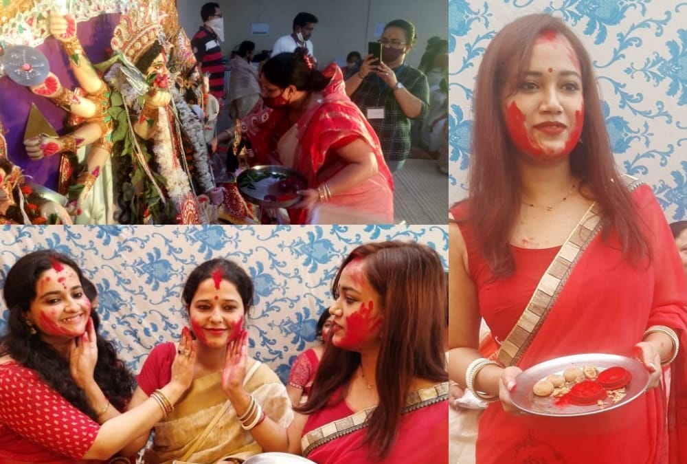 People immersed the idols of godess Durga.