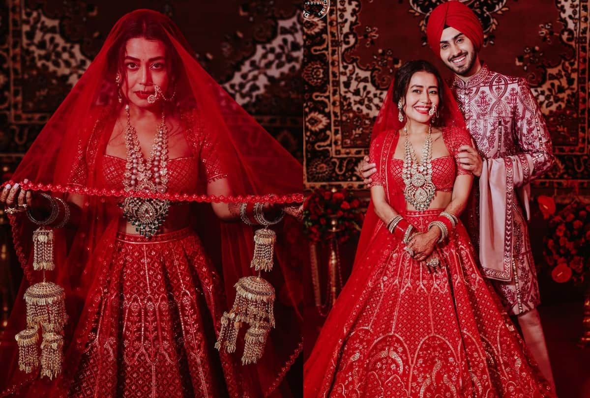 neha kakkar wedding reception red lehenga designs by falguni shane designer