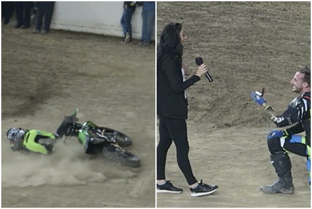 Biker fakes crash propose shocked girlfriend crowds motocross event in Florida