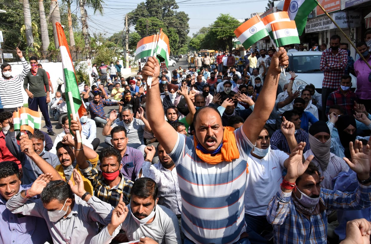 casual workers protest in front of MP Jugal kishor residence in jammu