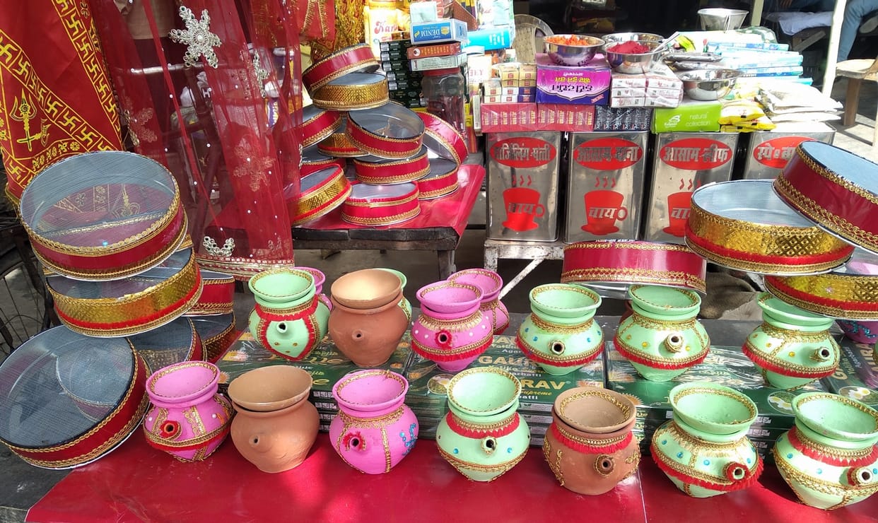 Colorful embellished karva shops adorned