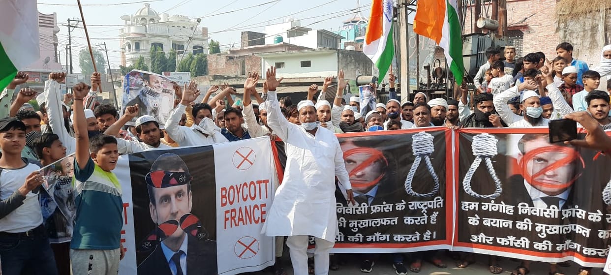 Protest against French President, attempts to blow effigy