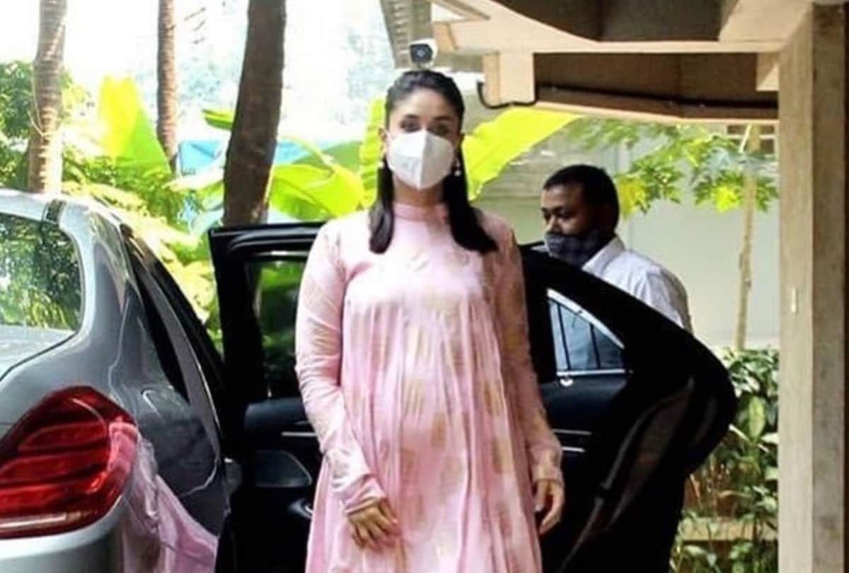 pregnancy glow on kareena kapoor face with pastel pink masaba gupta anarkali kurta