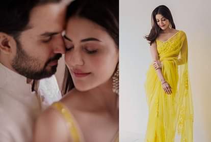 kajal aggarwal yellow saree of manish malhotra look stunning with gautam kichlu