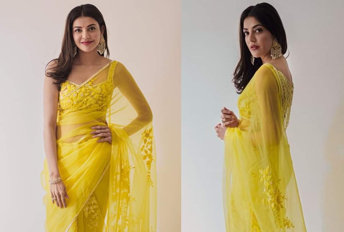 kajal aggarwal yellow saree of manish malhotra look stunning with gautam kichlu