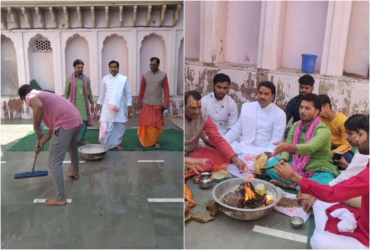 priests washed the Nandababa temple with Ganges water in mathura