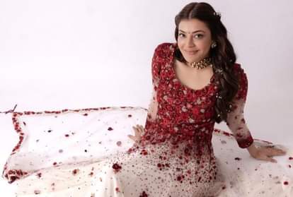 kajal aggarwal looks stunning in red floral kurta for pre wedding satsang