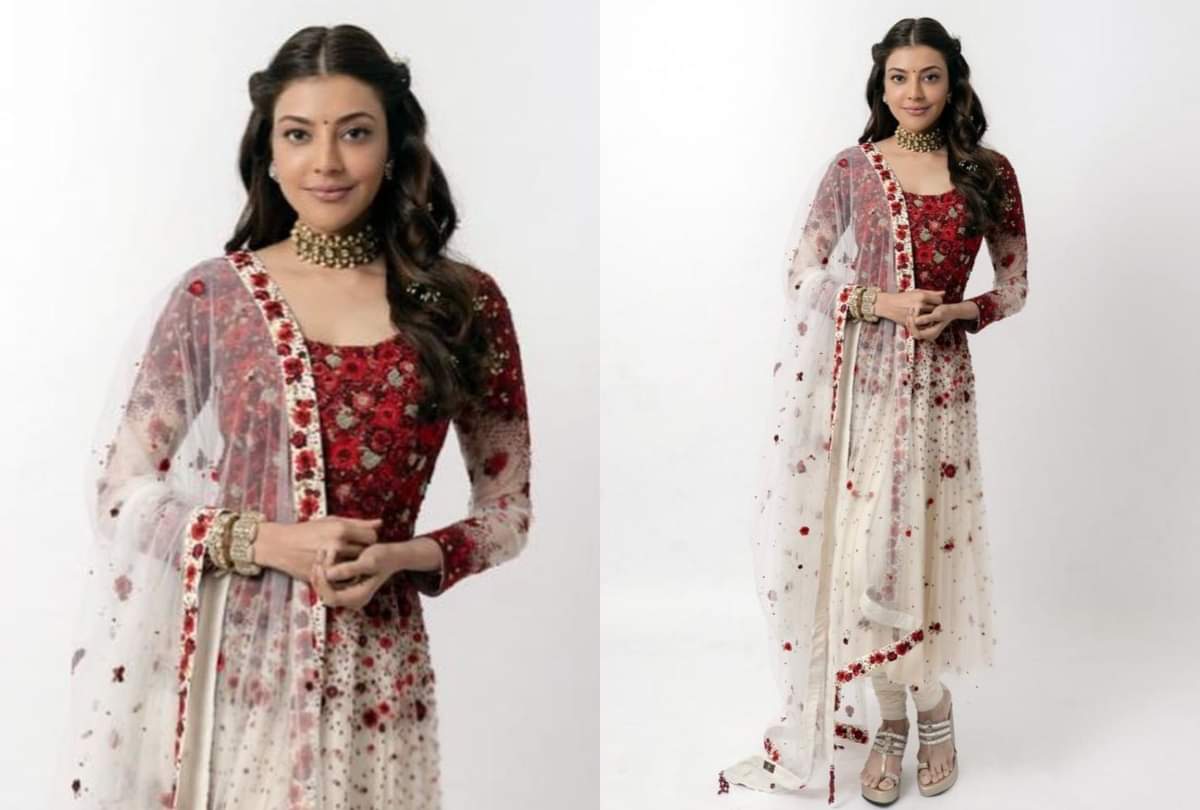 kajal aggarwal looks stunning in red floral kurta for pre wedding satsang