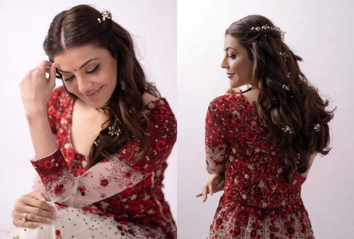 kajal aggarwal looks stunning in red floral kurta for pre wedding satsang