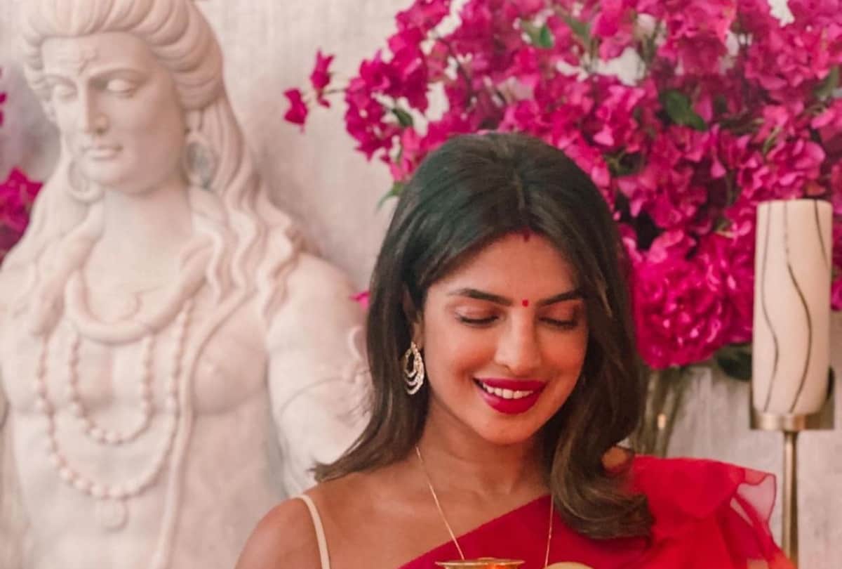 priyanka chopra wishes karwa chauth in red saree with husband nick jonas
