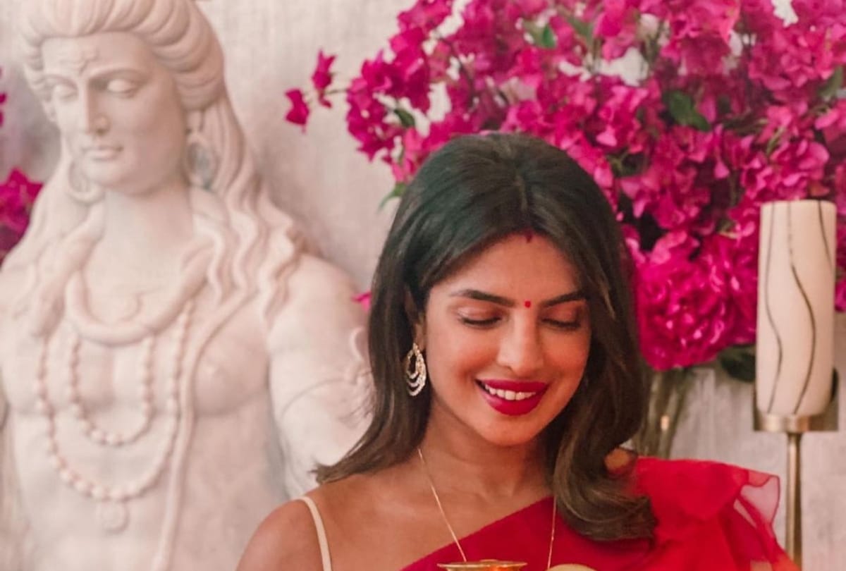 priyanka chopra wishes karwa chauth in red saree with husband nick jonas