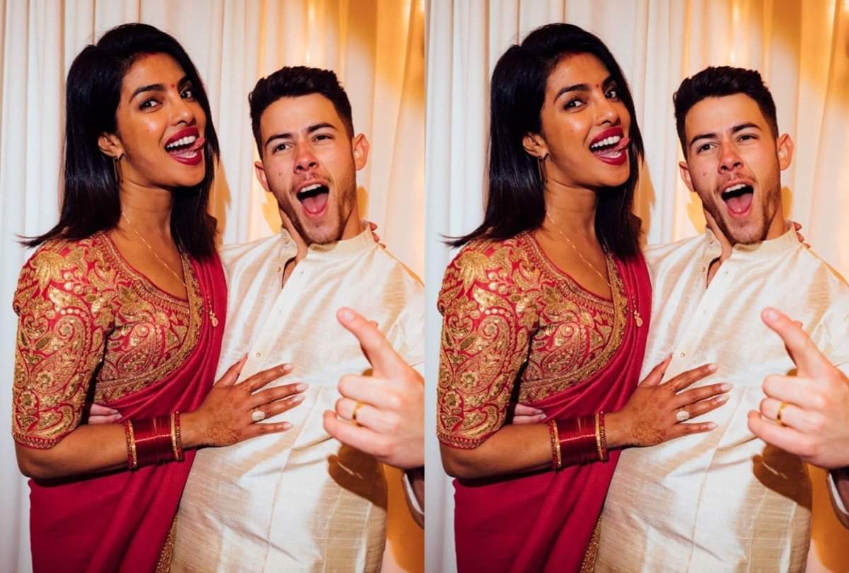 priyanka chopra wishes karwa chauth in red saree with husband nick jonas