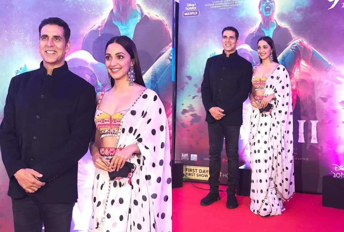 kiara advani wear polka dot black and white saree for movie laxmmi promotion