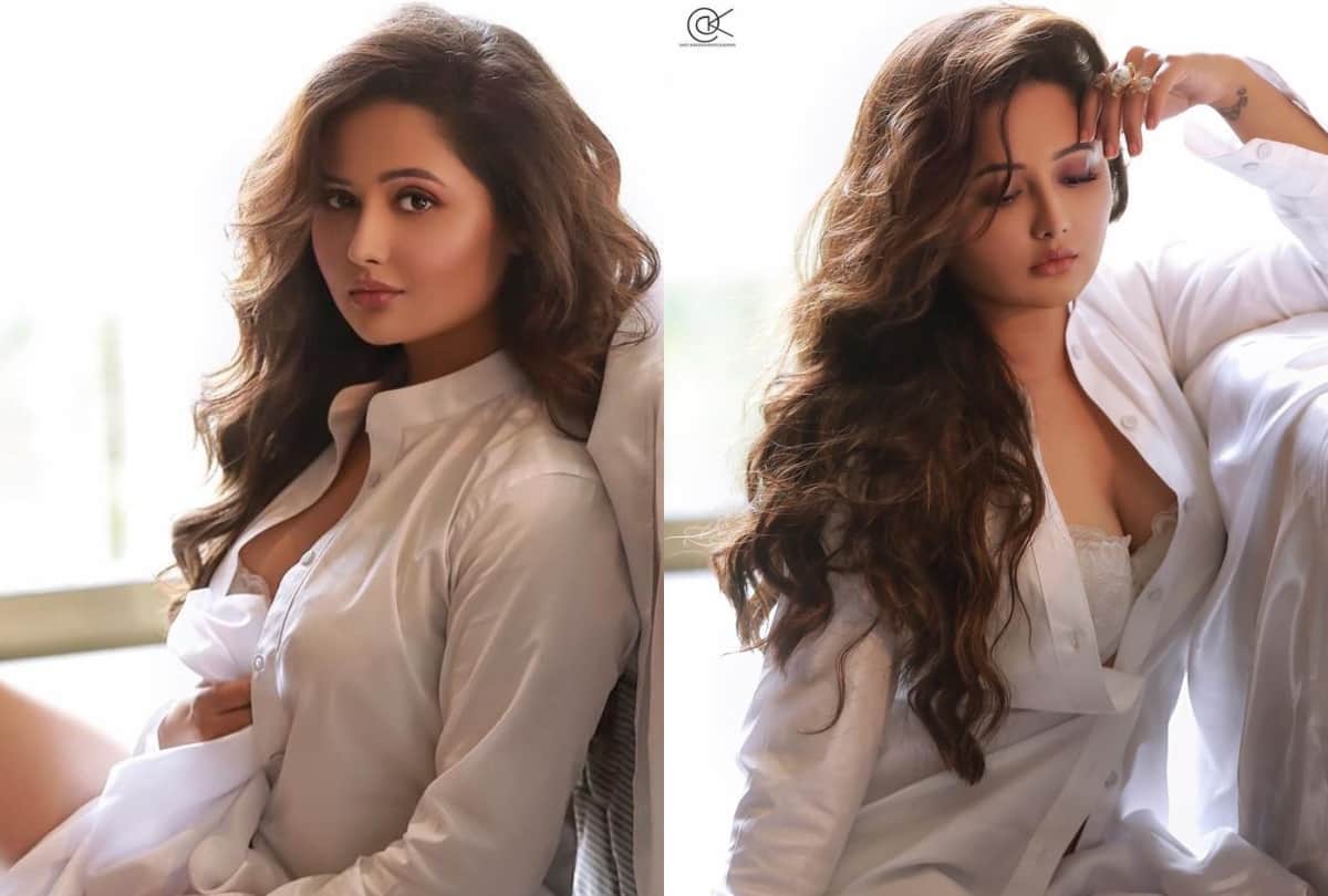 rashmi desai bold photoshoot in white shirt with matching bralette