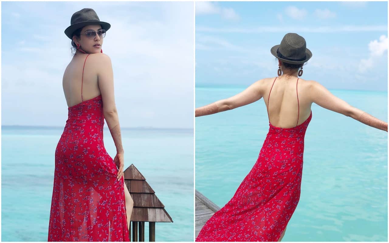 kajal aggarwal honeymoon viral pic in hot red backless dress