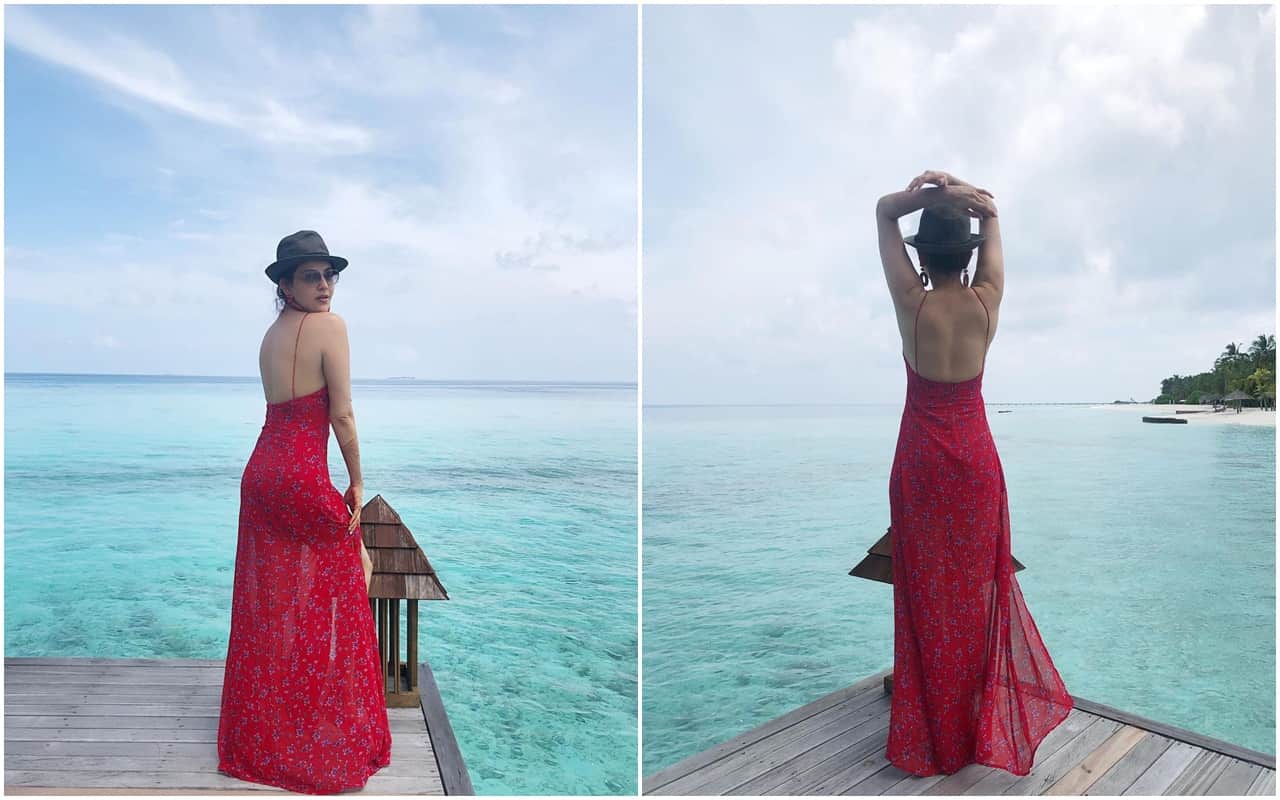 kajal aggarwal honeymoon viral pic in hot red backless dress