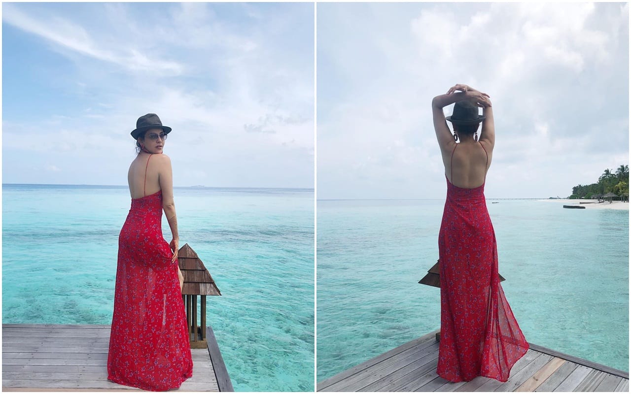 kajal aggarwal honeymoon viral pic in hot red backless dress