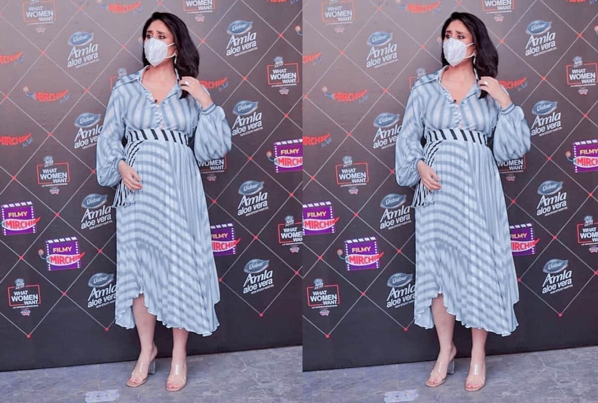 kareena kapoor wearing transparent high heels footwear in seven month pregnancy with striped shirt dress in her radio show