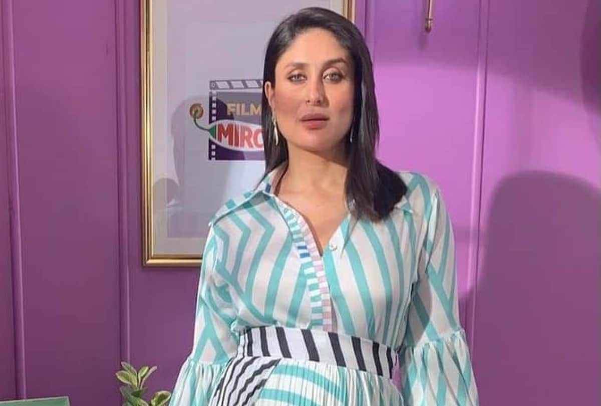 kareena kapoor wearing transparent high heels footwear in seven month pregnancy with striped shirt dress in her radio show