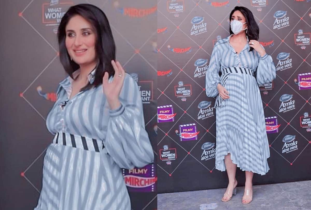 kareena kapoor wearing transparent high heels footwear in seven month pregnancy with striped shirt dress in her radio show