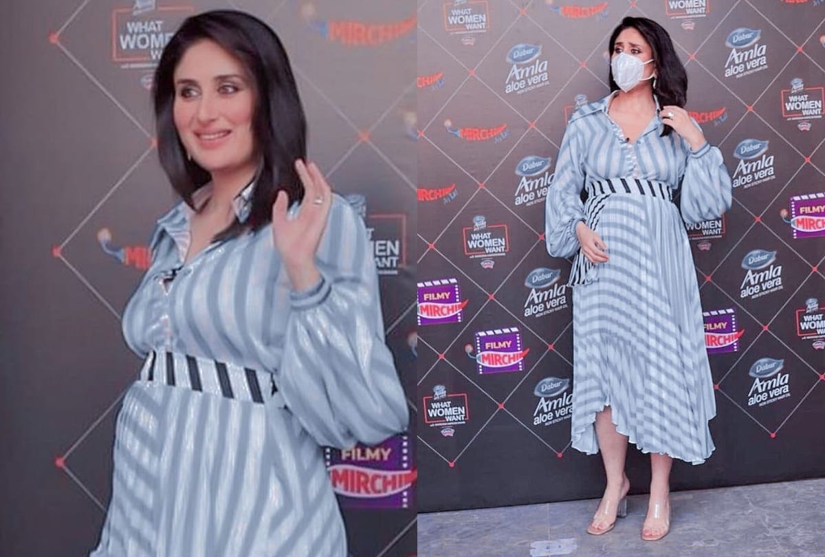 kareena kapoor wearing transparent high heels footwear in seven month pregnancy with striped shirt dress in her radio show