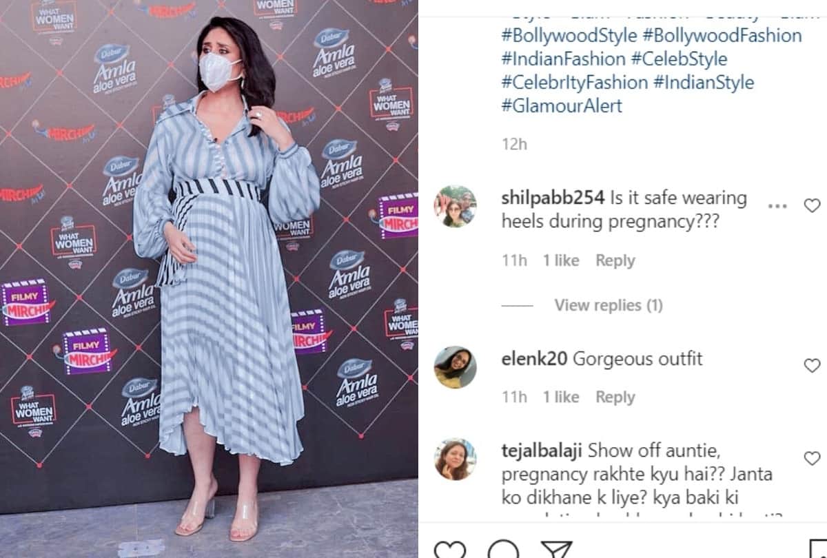 kareena kapoor wearing transparent high heels footwear in seven month pregnancy with striped shirt dress in her radio show