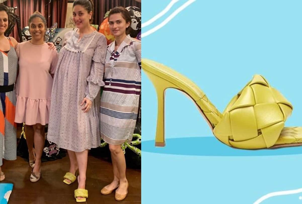 kareena kapoor wearing transparent high heels footwear in seven month pregnancy with striped shirt dress in her radio show