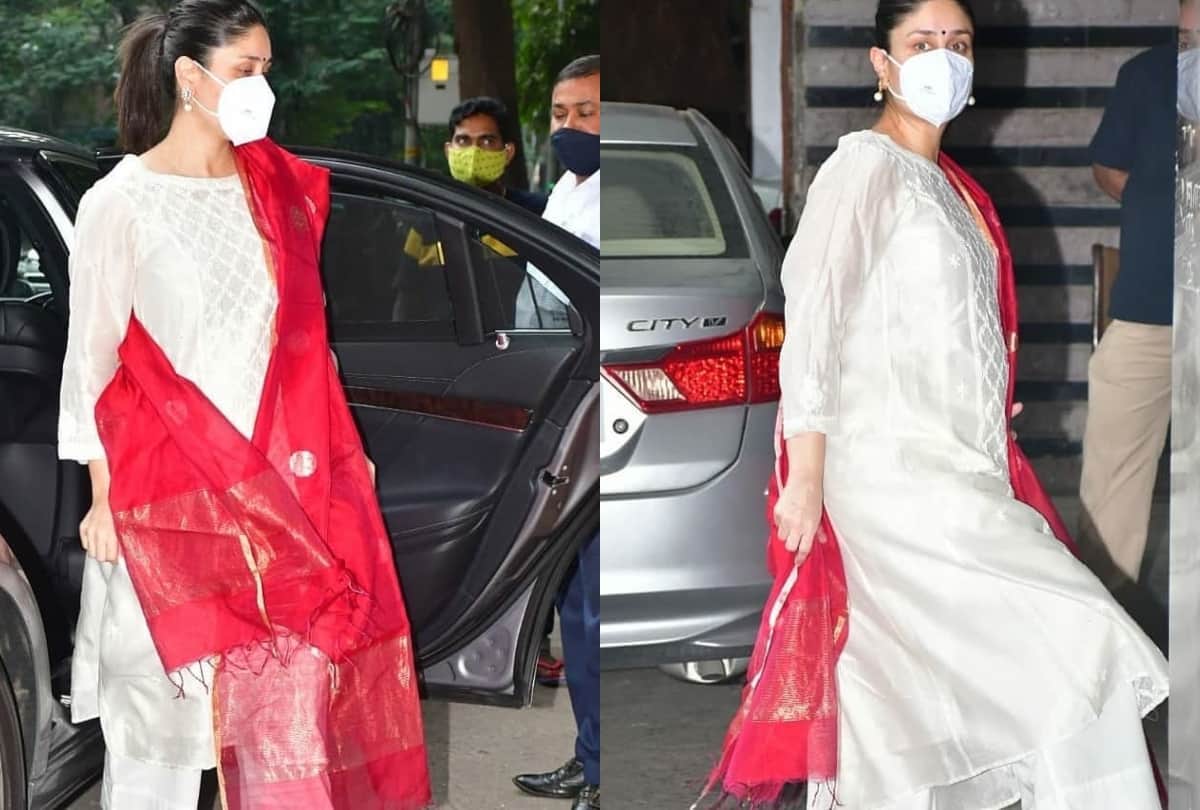kareena kapoor show pregnancy glow with traditional in white kurta with red dupatta