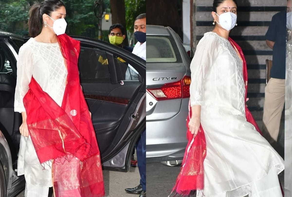 kareena kapoor show pregnancy glow with traditional in white kurta with red dupatta