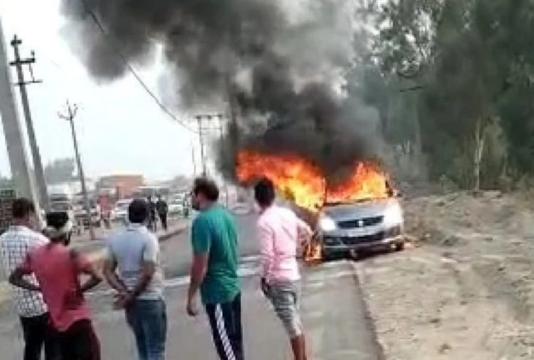 Swift Dzire car caught fire on GT Road, cloth merchant burnt alive