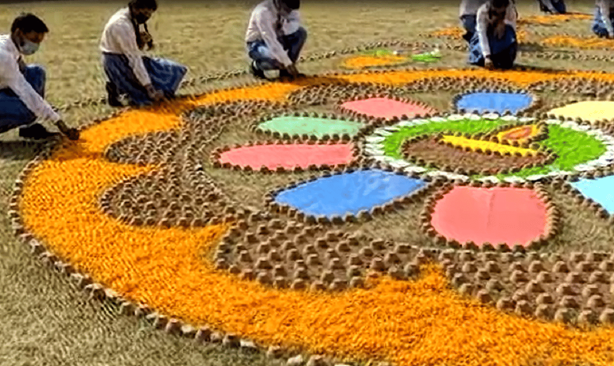 Student made Rangoli by west material given message eco friendly diwali in azamgarh