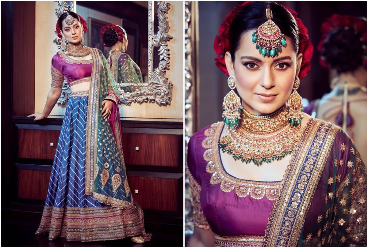 kangana ranaut wear sabyasachi saree for brother reception with traditional pahadi topi