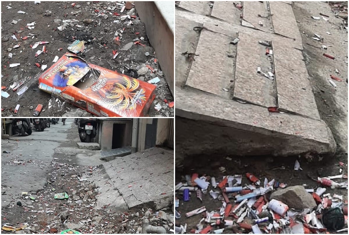 Diwali 2020 Delhi people burn crackers though being banned waste materials spreads out on roads