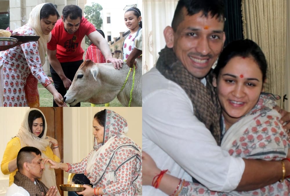Aparna Yadav worshipped a cow on Govardhan Pooja.