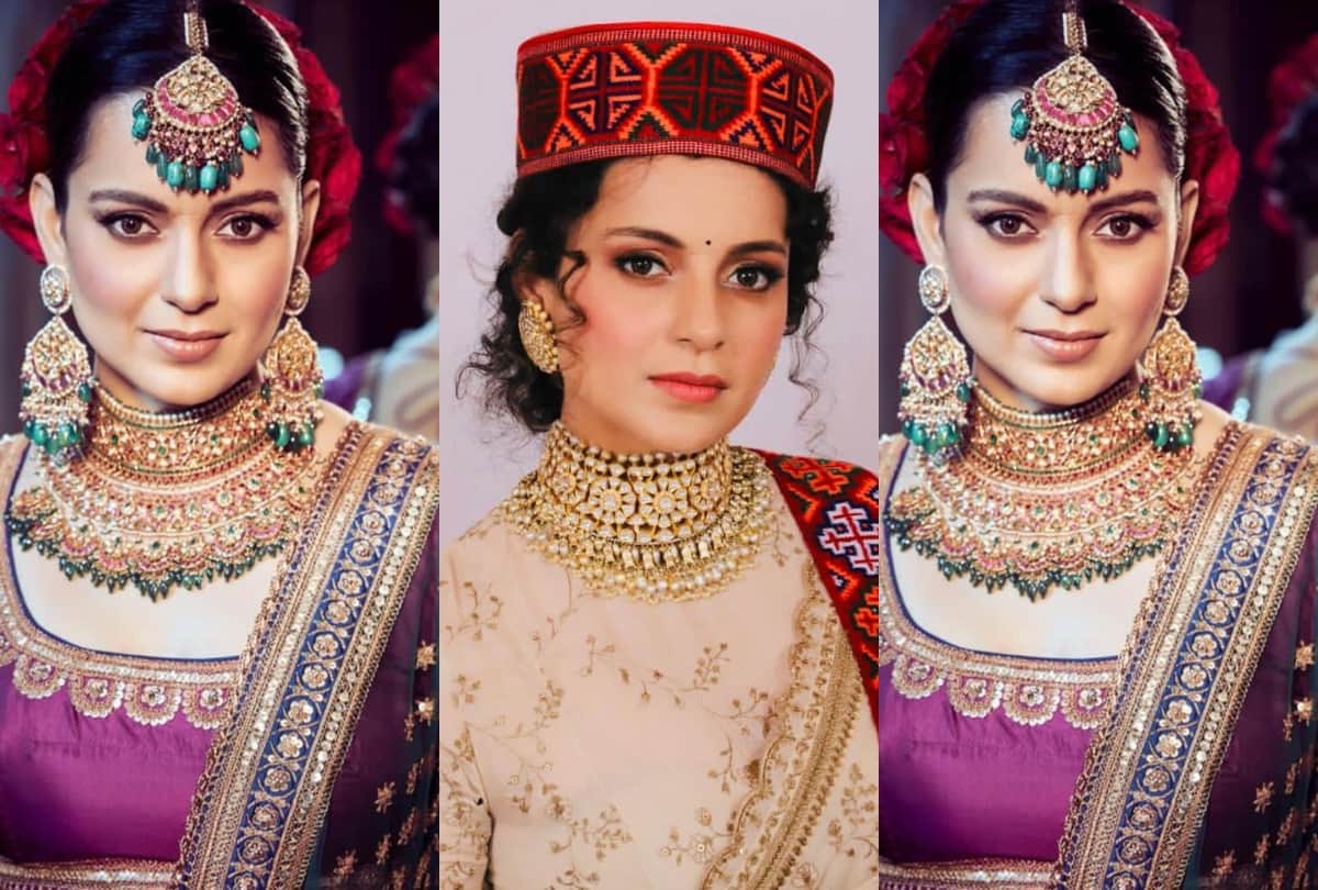 kangana ranaut wear sabyasachi saree for brother reception with traditional pahadi topi