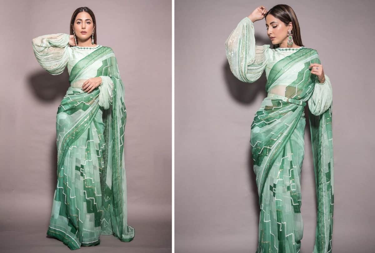 hina khan mint green abstract pattern saree worth 35k for diwali celebration