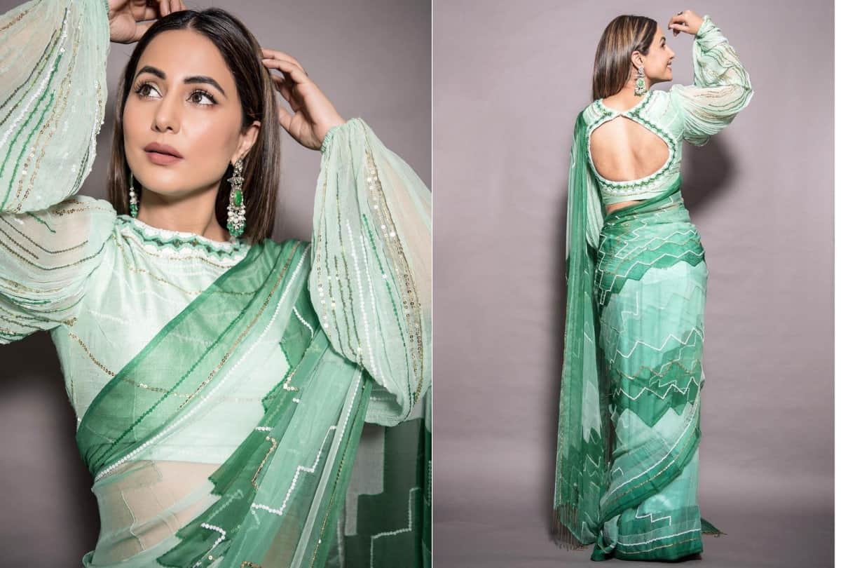 hina khan mint green abstract pattern saree worth 35k for diwali celebration