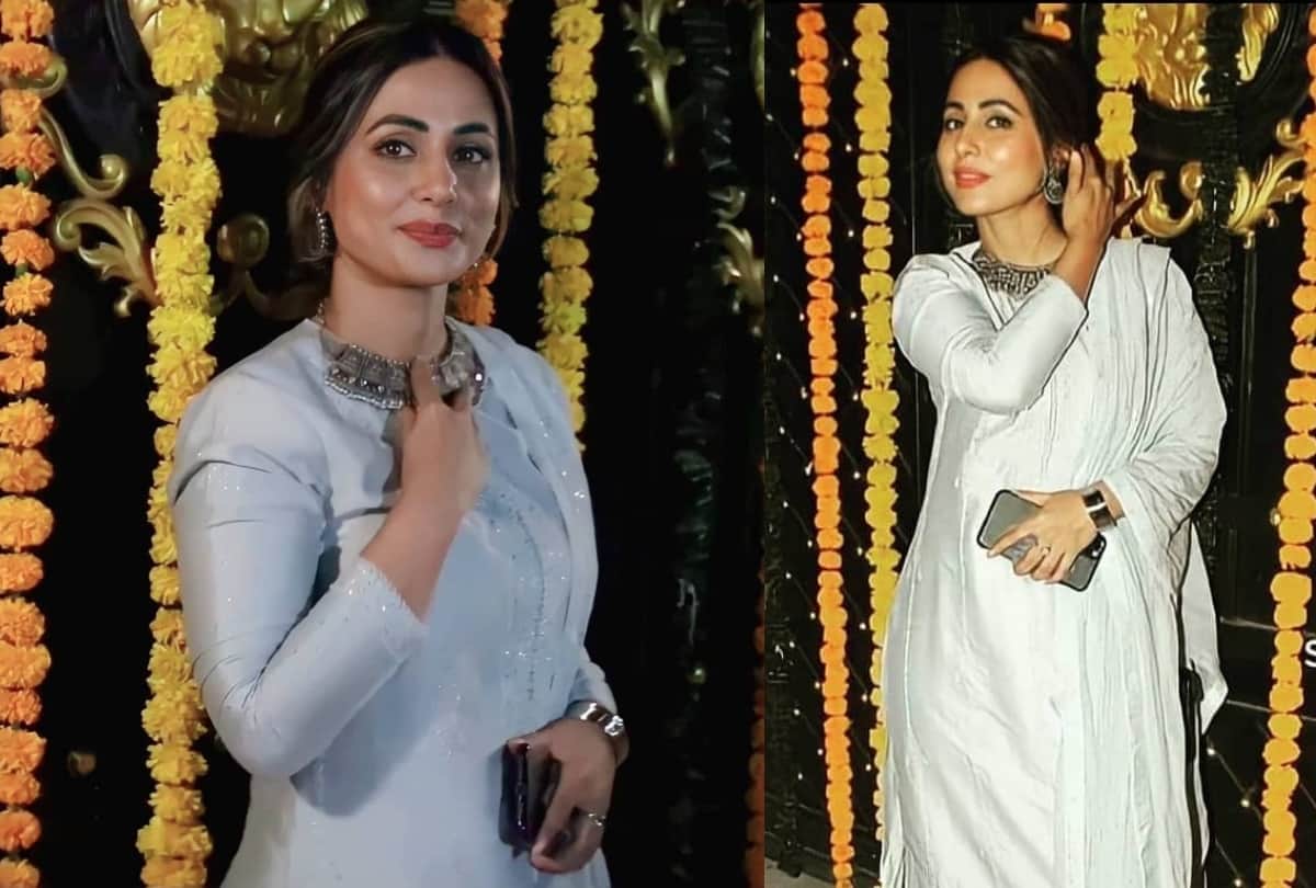 hina khan mint green abstract pattern saree worth 35k for diwali celebration