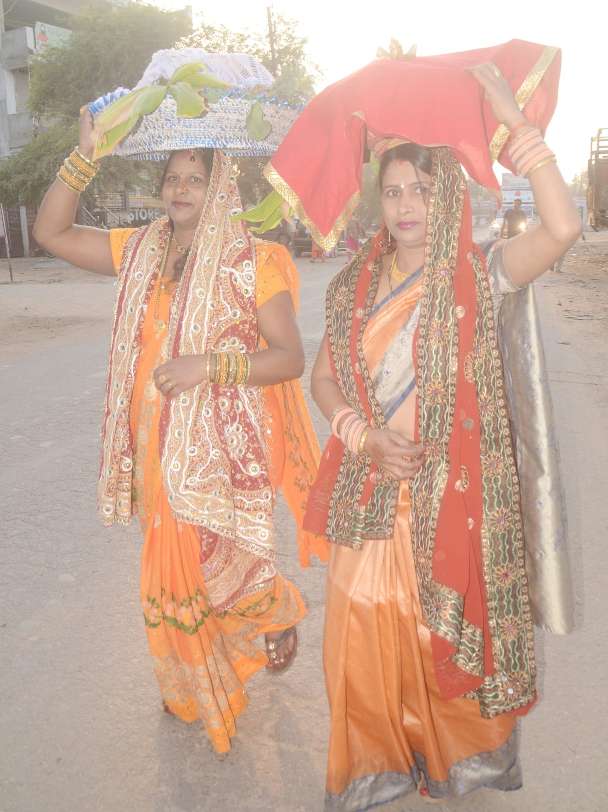 Fireworks on the banks of Yamuna, offerings to the setting sun